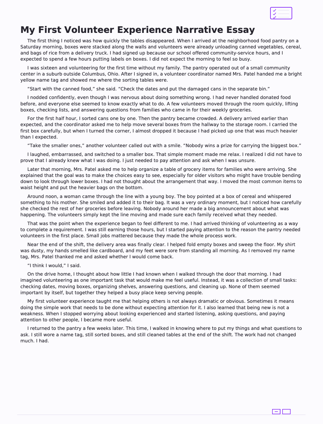 My First Volunteer Experience Narrative Essay - Free AI Narrative Essay Generator, 50+ Real Narrative Essay Examples