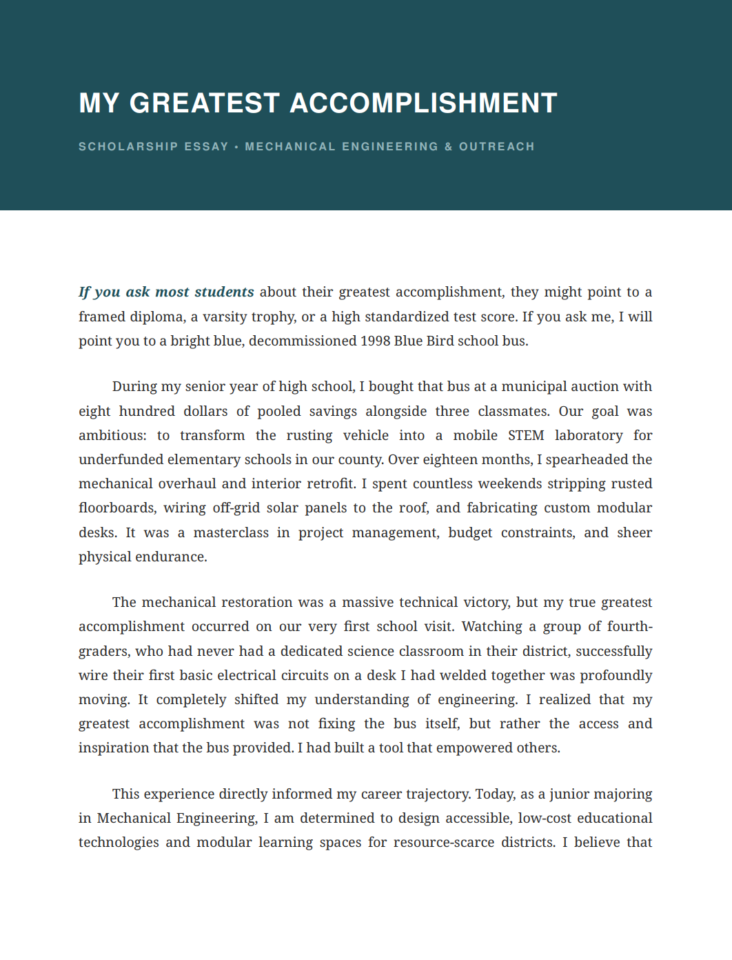 My Greatest Accomplishment Scholarship Essay - Free AI Scholarship Essay Generator, 50+ Real Scholarship Essay Examples