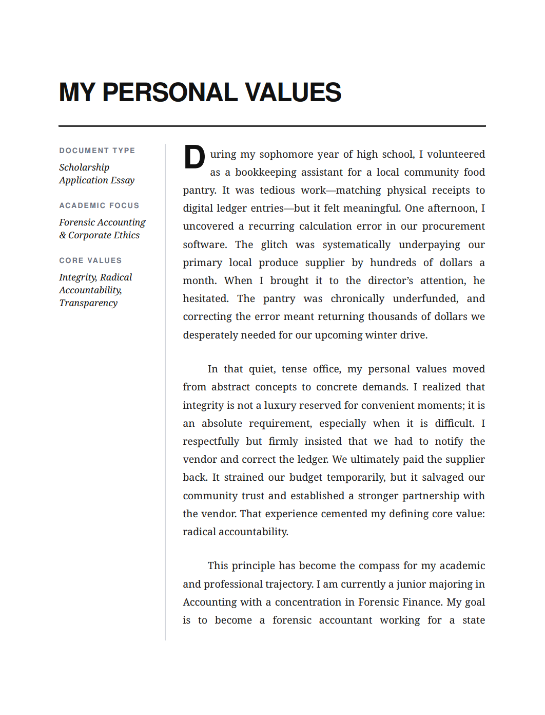 My Personal Values Scholarship Essay - Free AI Scholarship Essay Generator, 50+ Real Scholarship Essay Examples