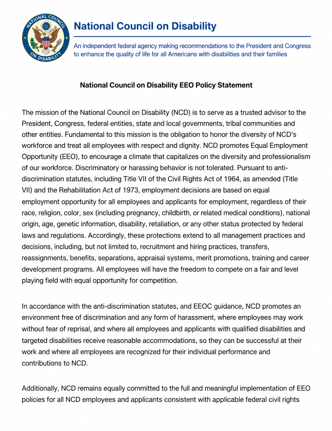 National Council on Disability EEO Policy Statement - Free AI Statement Generator, 50+ Real Statement Examples