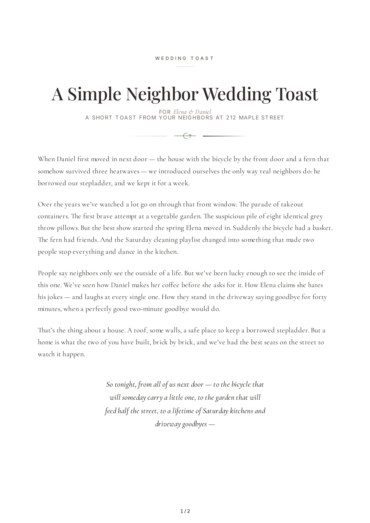 Neighbor Wedding Toast - Free AI Wedding Toast Generator, 50+ Real Wedding Toast Examples