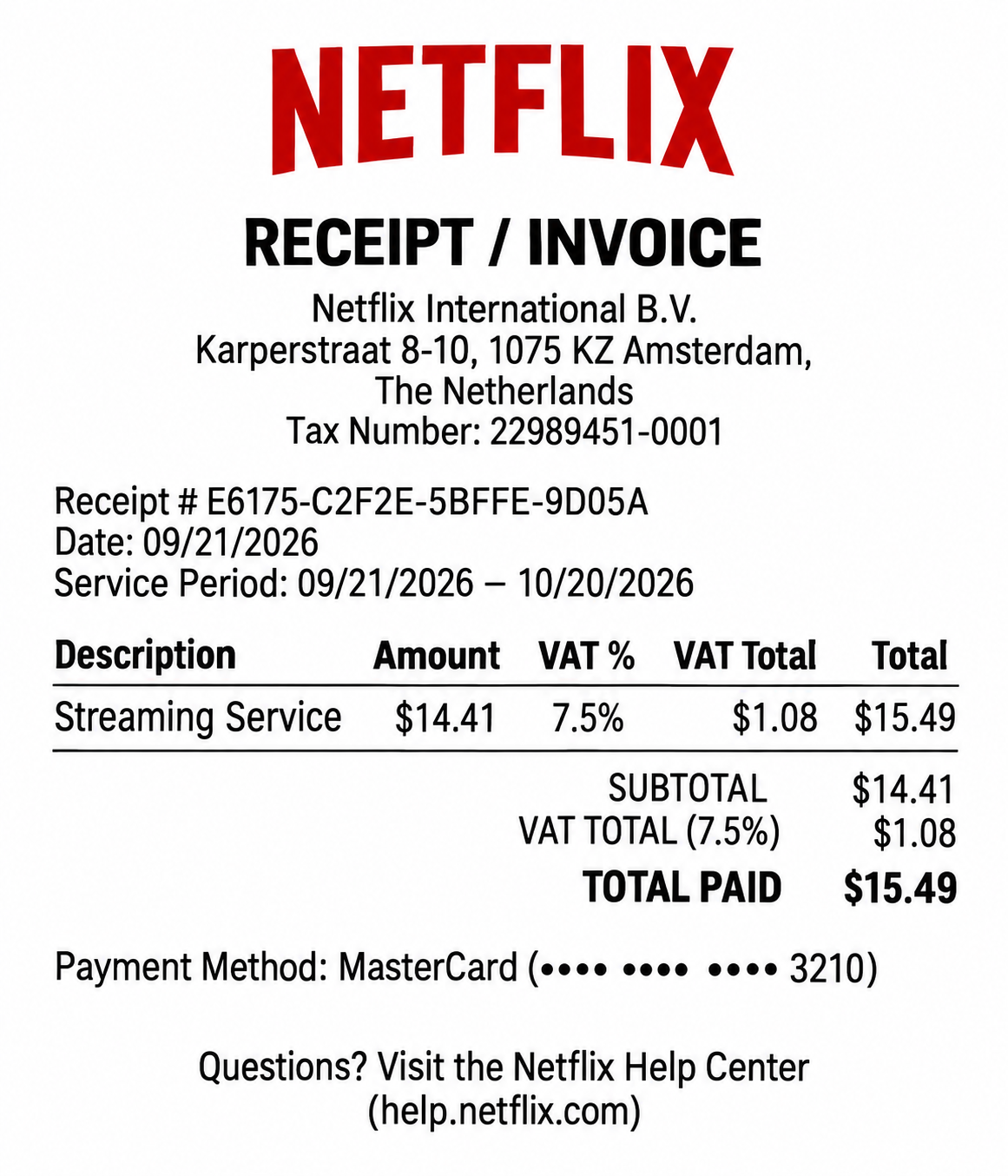 Netflix Monthly Billing E-Receipt - Free AI Receipt Generator, 50+ Real Receipt Examples