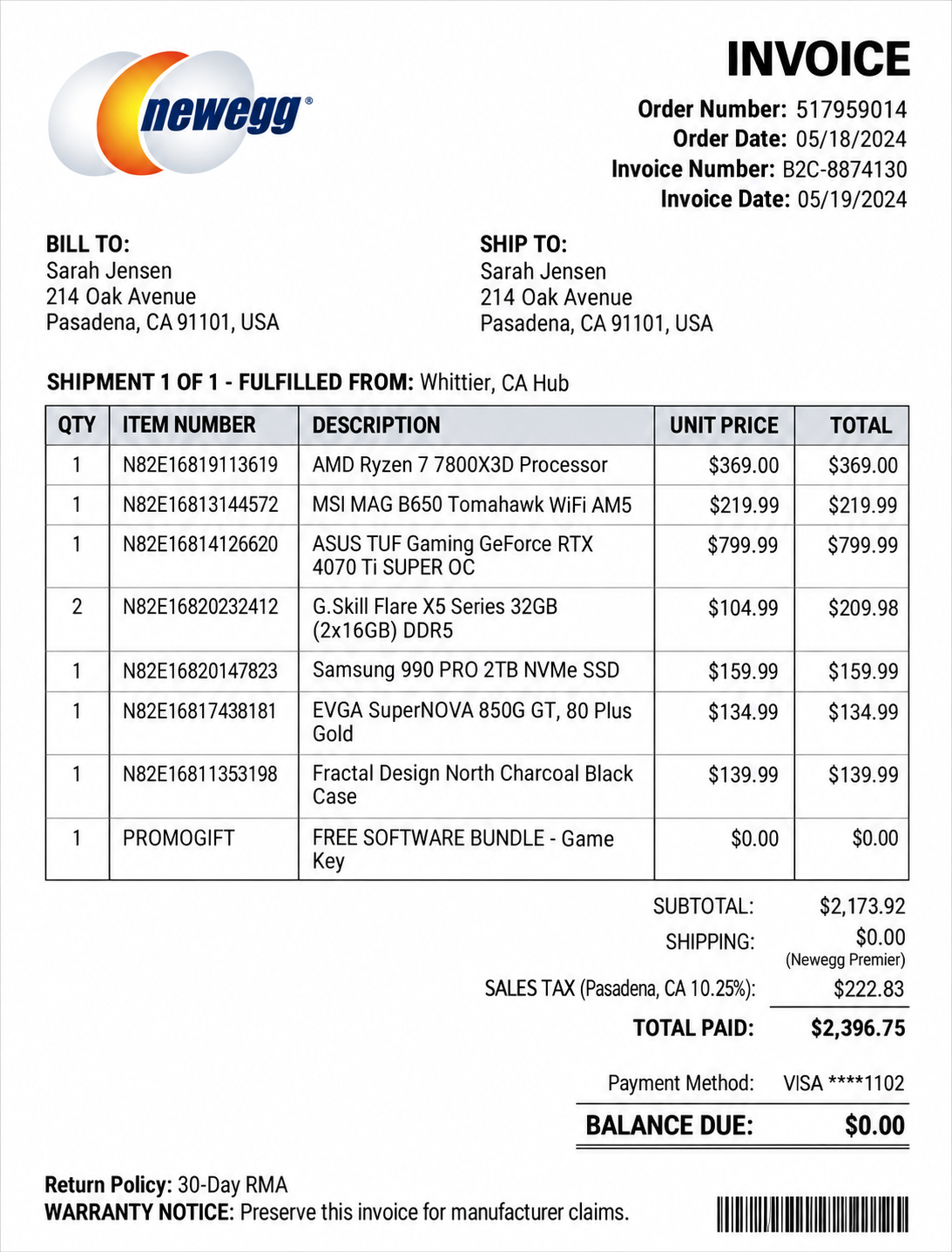 Newegg Direct Retail B2C Order Invoice Receipt - Free AI Receipt Generator, 50+ Real Receipt Examples