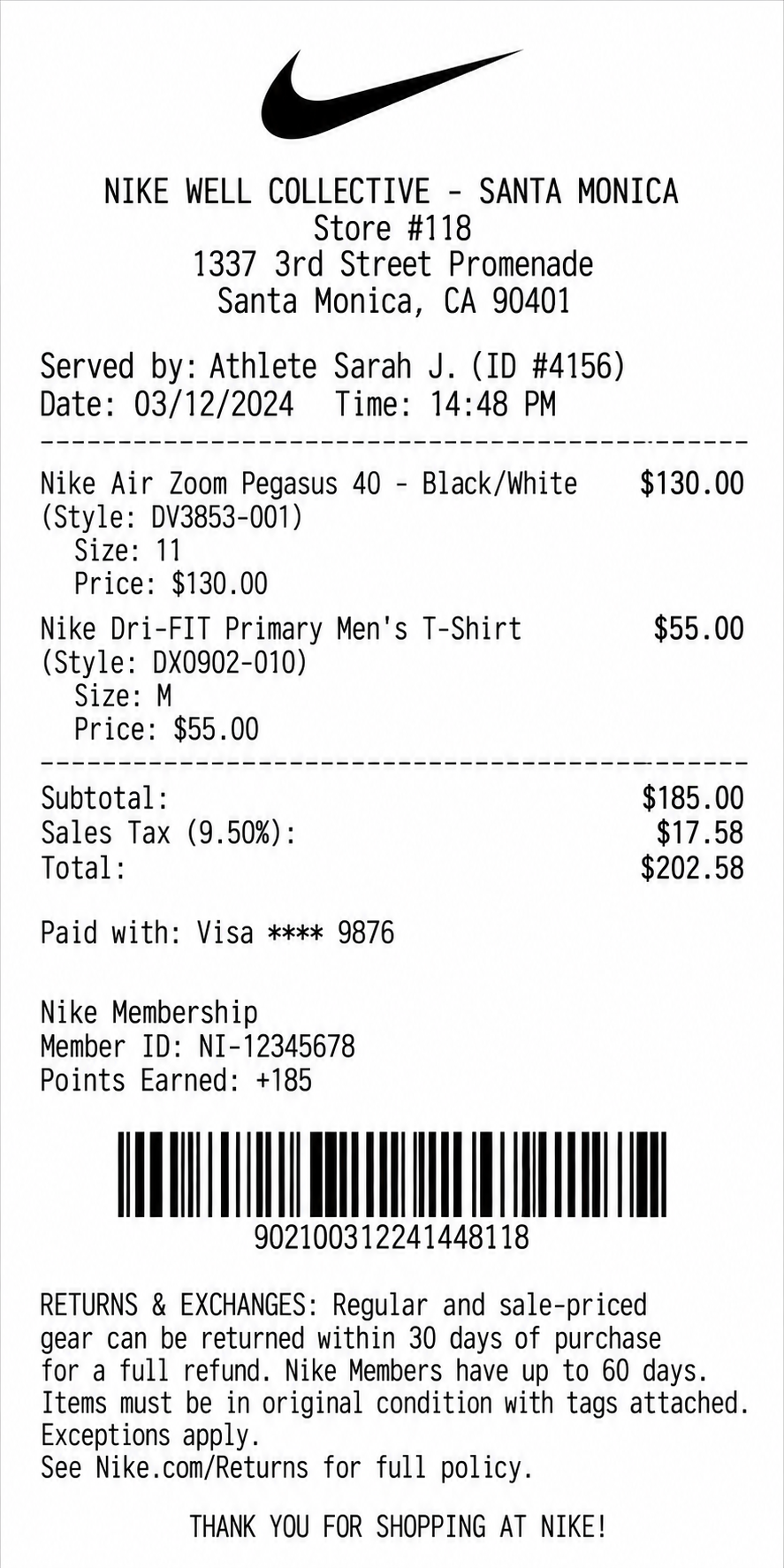 Nike Store Purchase Receipt - Free AI Receipt Generator, 50+ Real Receipt Examples