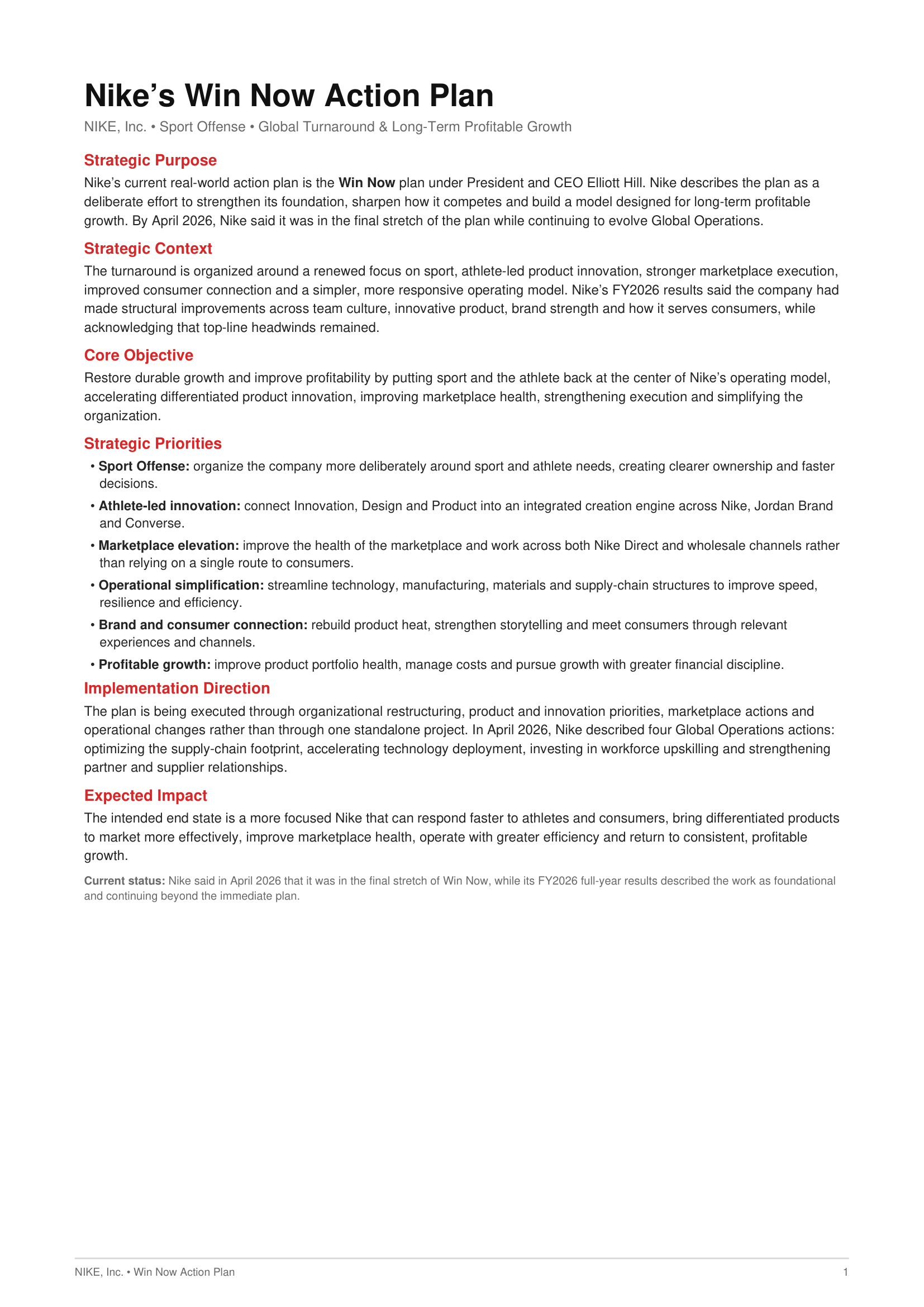 Nike’s Win Now Turnaround Action Plan - Free AI Action Plan Generator, 50+ Real Action Plan Examples