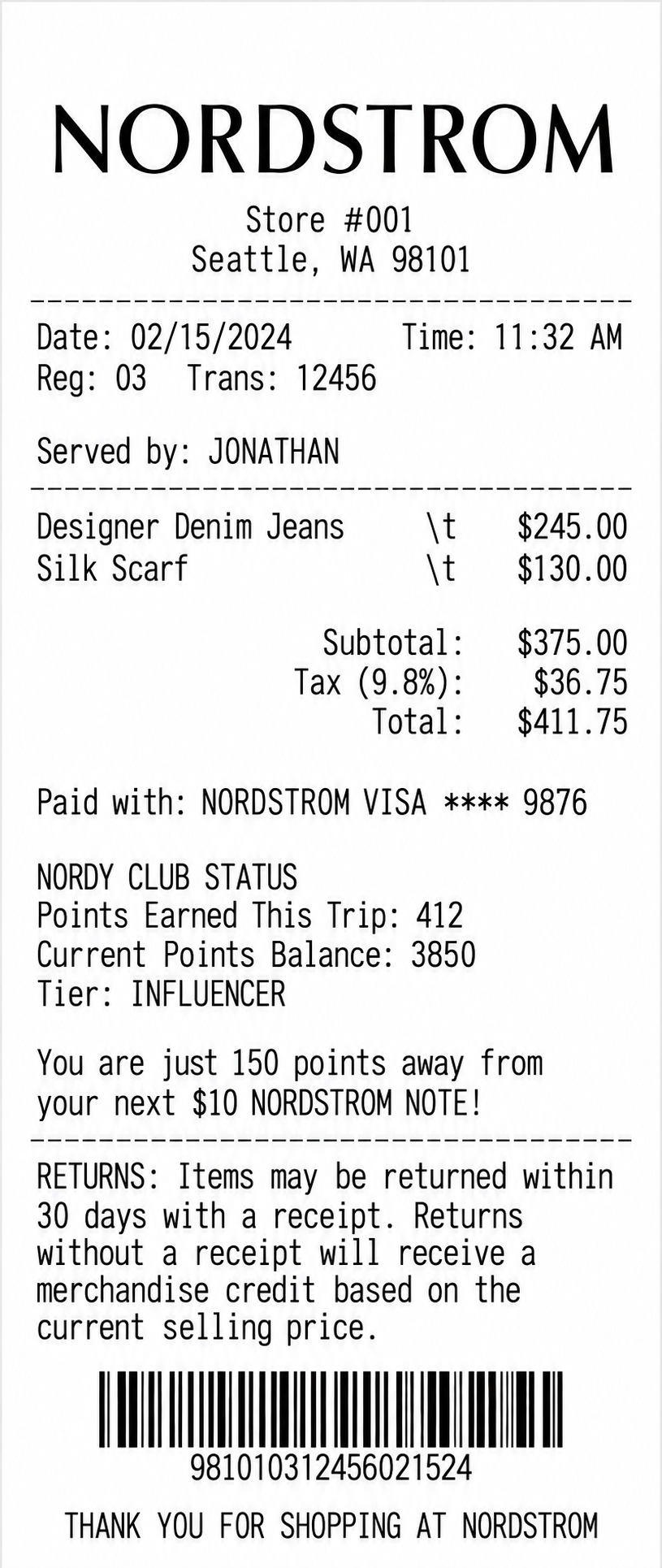 Nordstrom Integrated Nordy Club Retail Receipt - Free AI Receipt Generator, 50+ Real Receipt Examples