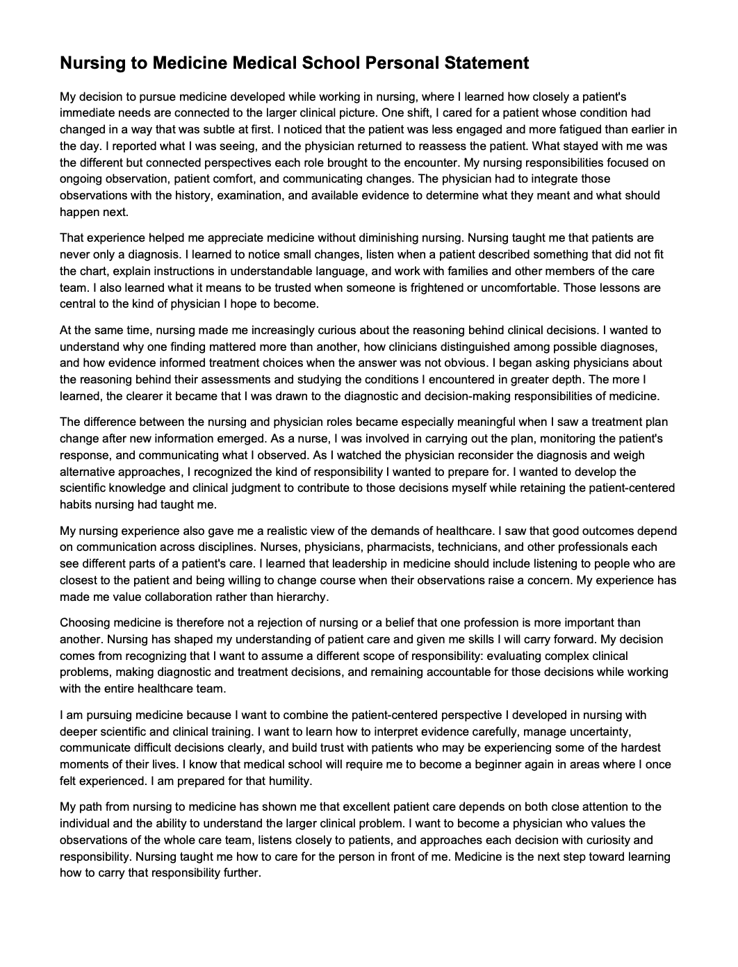 Nursing to Medicine Medical School Personal Statement - Free AI Medical School Personal Statement Generator, 50+ Real Medical School Personal Statement Examples