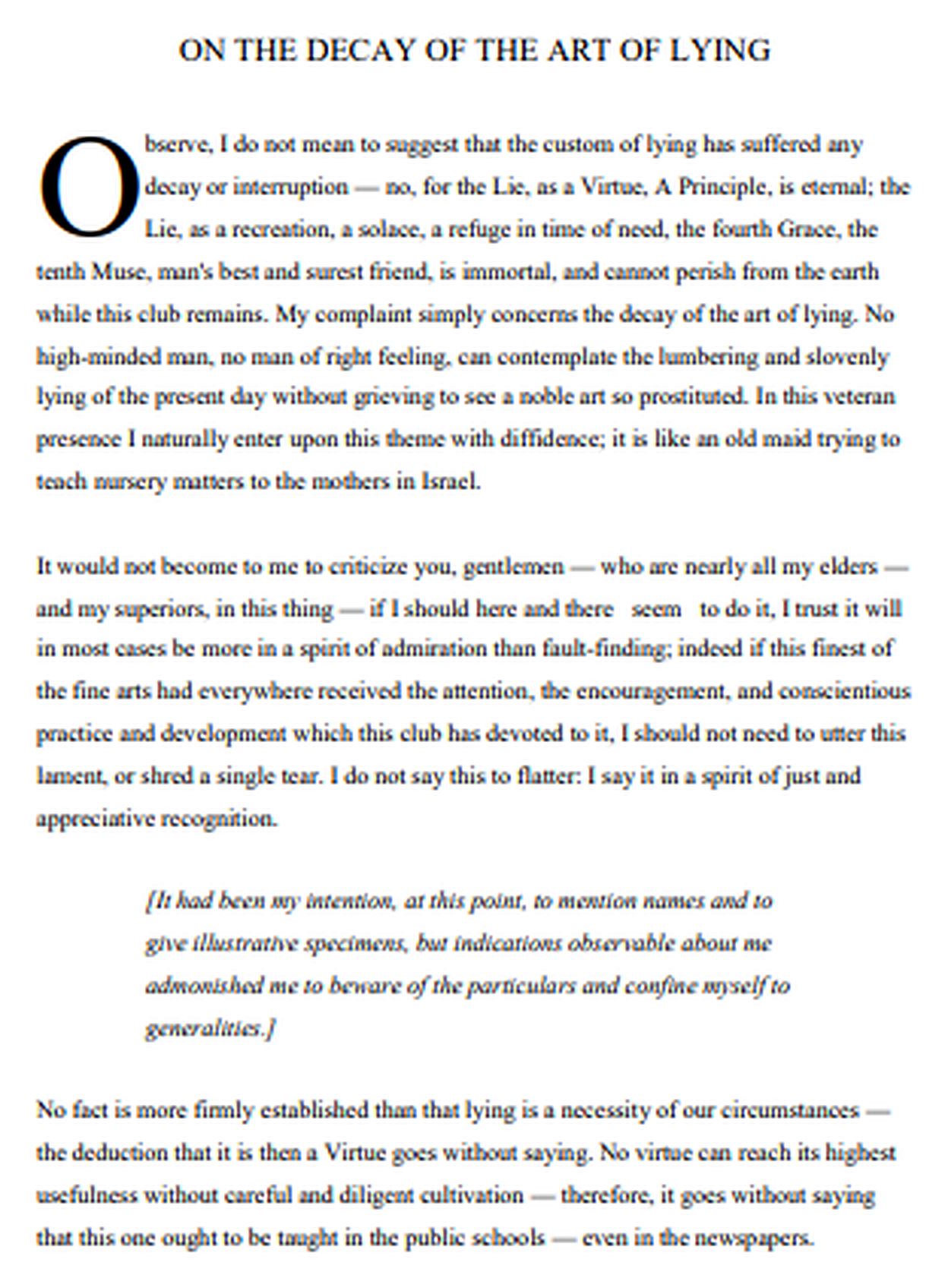 On the Decay of the Art of Lying Essay - Free AI Essay Generator, 50+ Real Essay Examples