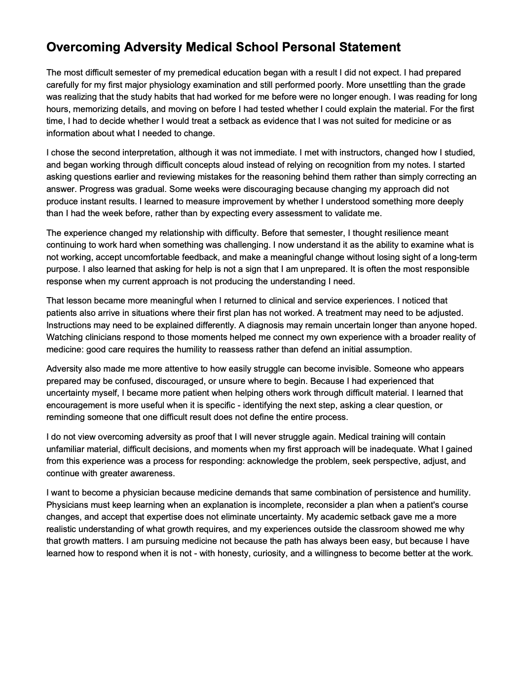 Overcoming Adversity Medical School Personal Statement - Free AI Medical School Personal Statement Generator, 50+ Real Medical School Personal Statement Examples
