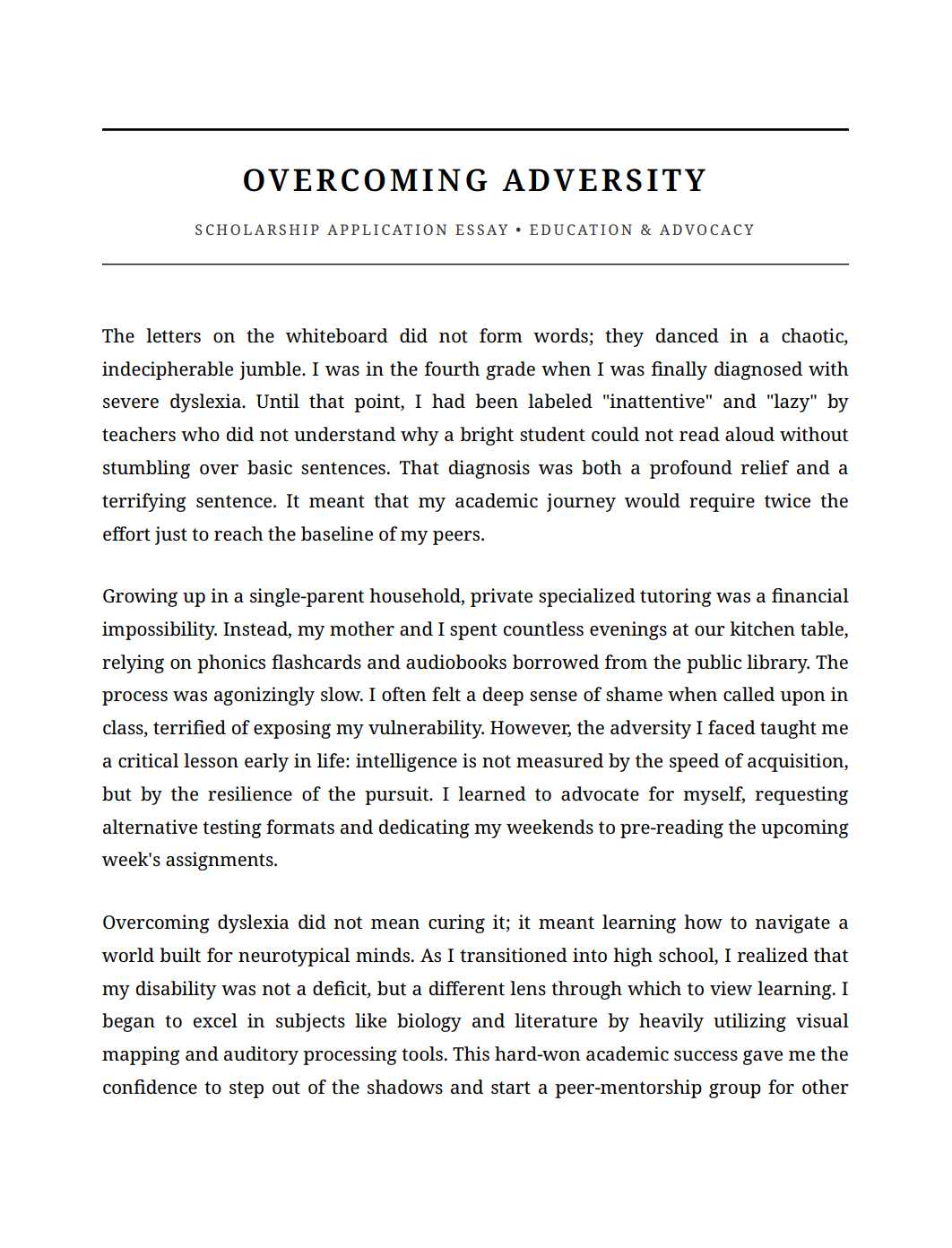 Overcoming Adversity Scholarship Essay - Free AI Scholarship Essay Generator, 50+ Real Scholarship Essay Examples