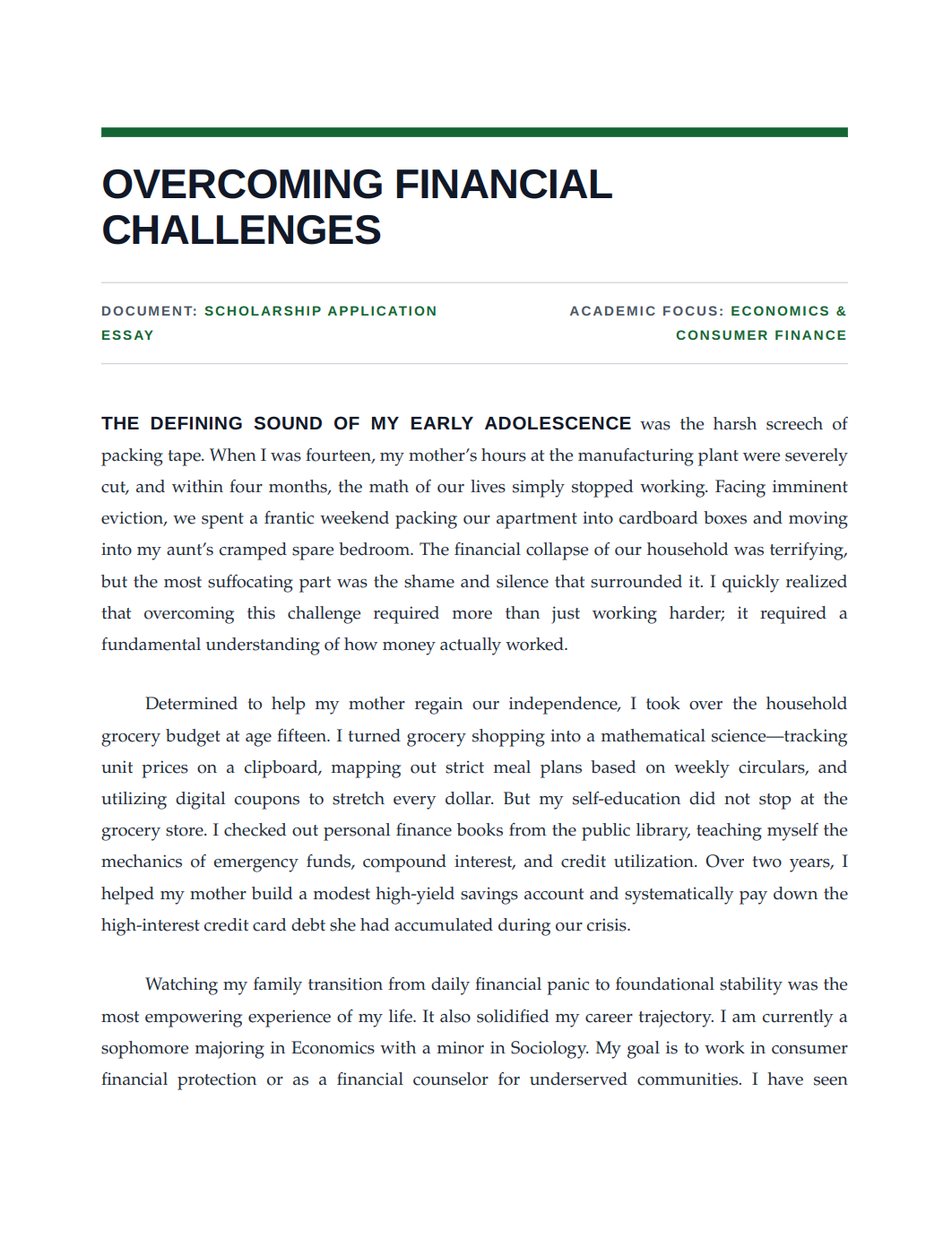 Overcoming Financial Challenges Scholarship Essay - Free AI Scholarship Essay Generator, 50+ Real Scholarship Essay Examples