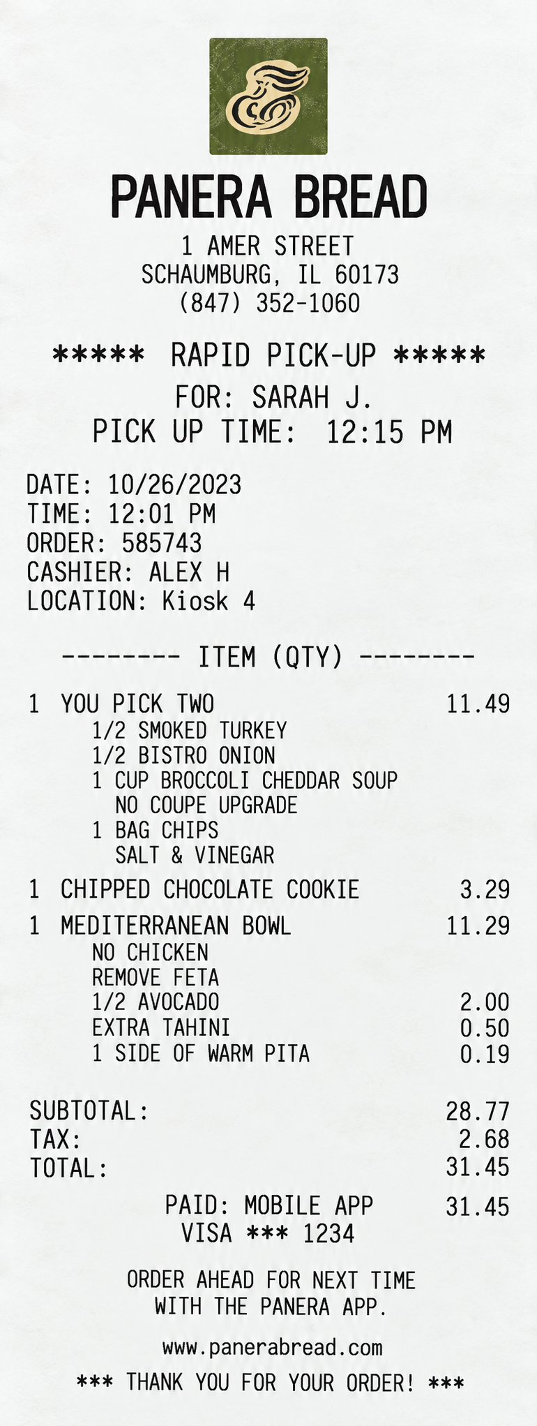 Panera Bread Rapid Pick-Up Receipt - Free AI Receipt Generator, 50+ Real Receipt Examples