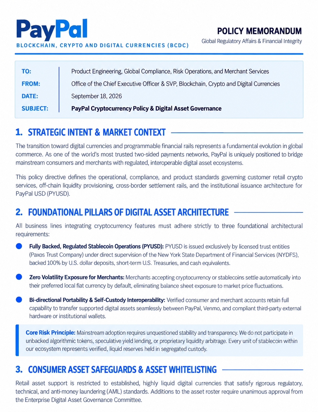 PayPal Cryptocurrency Policy Memo - Free AI Memo Generator, 50+ Real Memo Examples