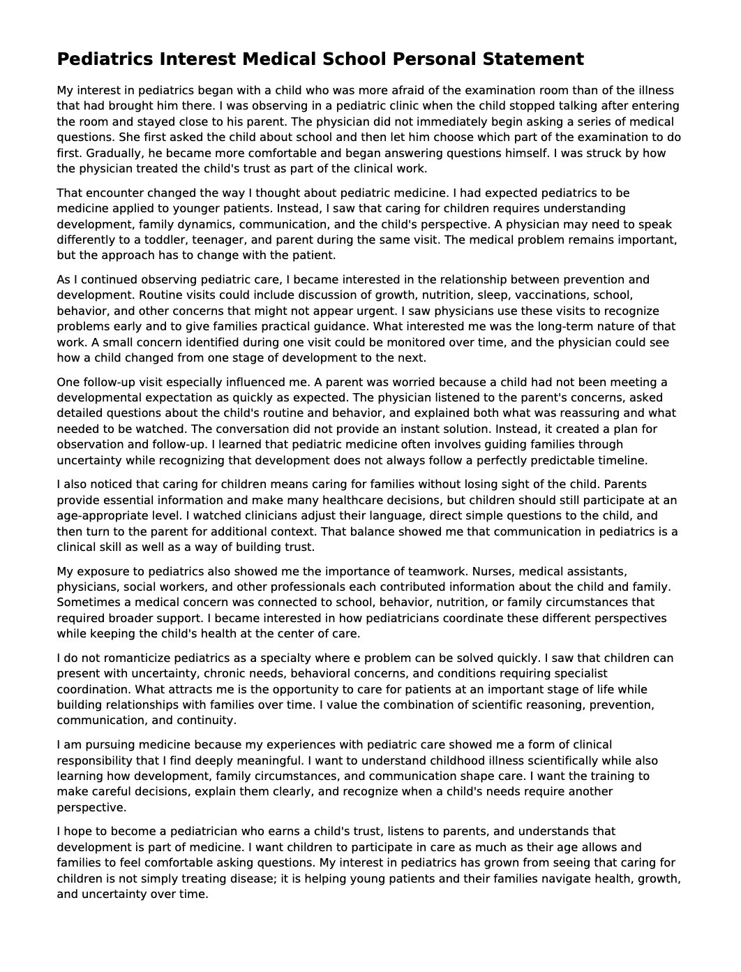 Pediatrics Interest Medical School Personal Statement - Free AI Medical School Personal Statement Generator, 50+ Real Medical School Personal Statement Examples