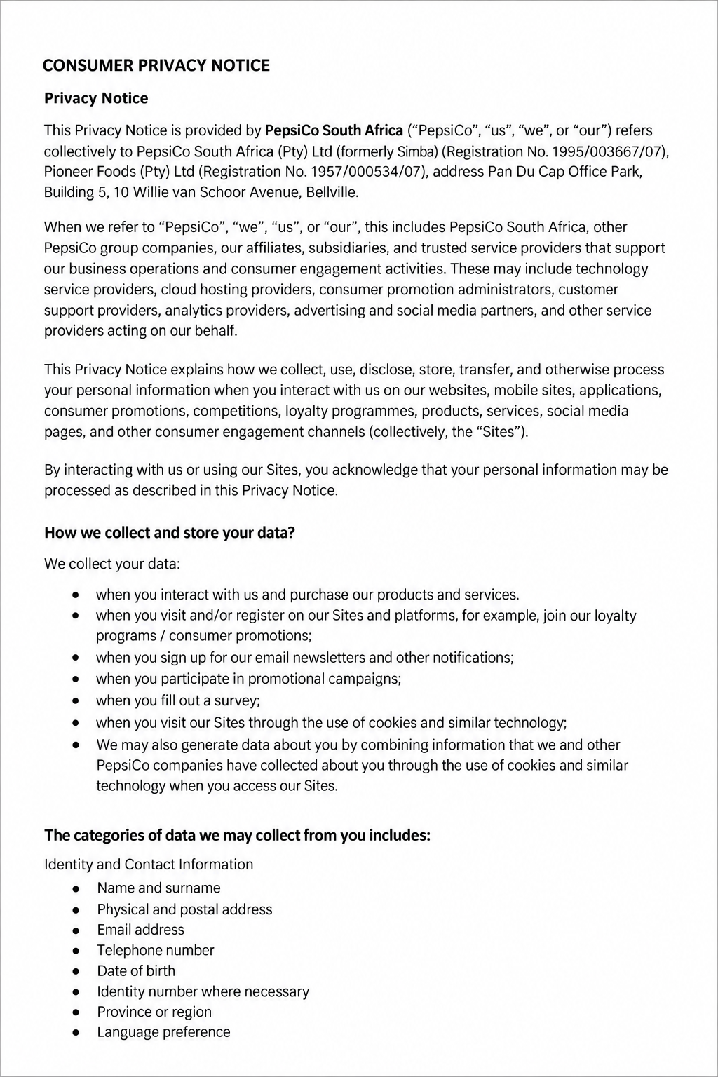 PepsiCo Consumer Privacy Notice - Free AI Notice Generator, 50+ Real Notice Examples