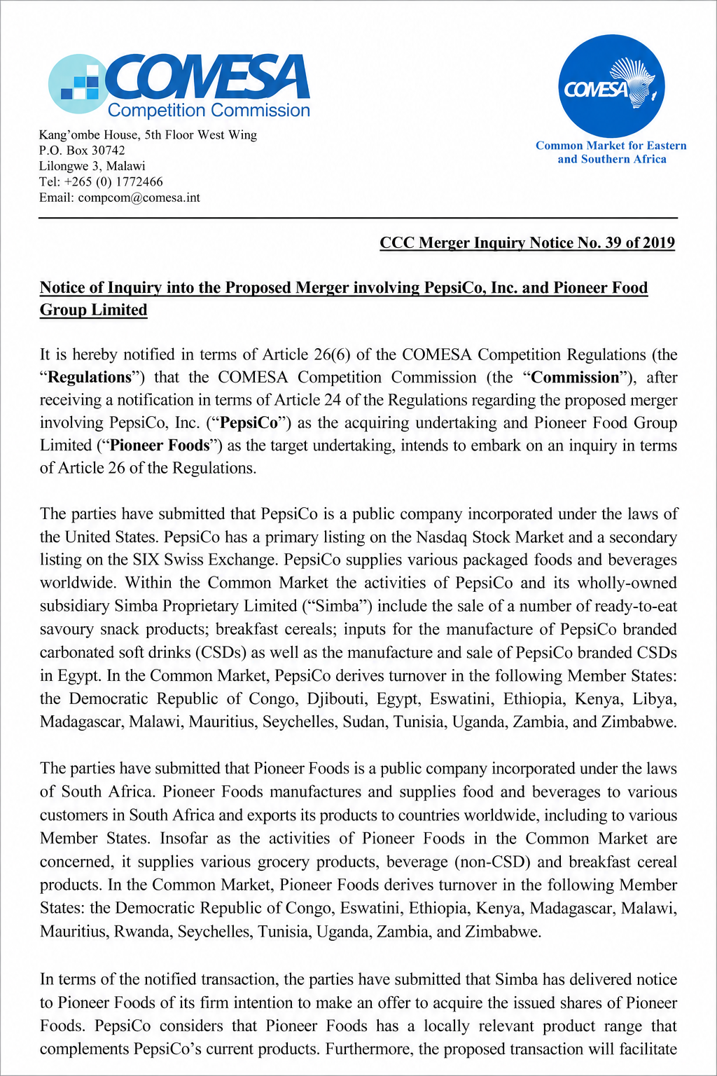 PepsiCo Pioneer Foods Merger Inquiry Notice - Free AI Notice Generator, 50+ Real Notice Examples