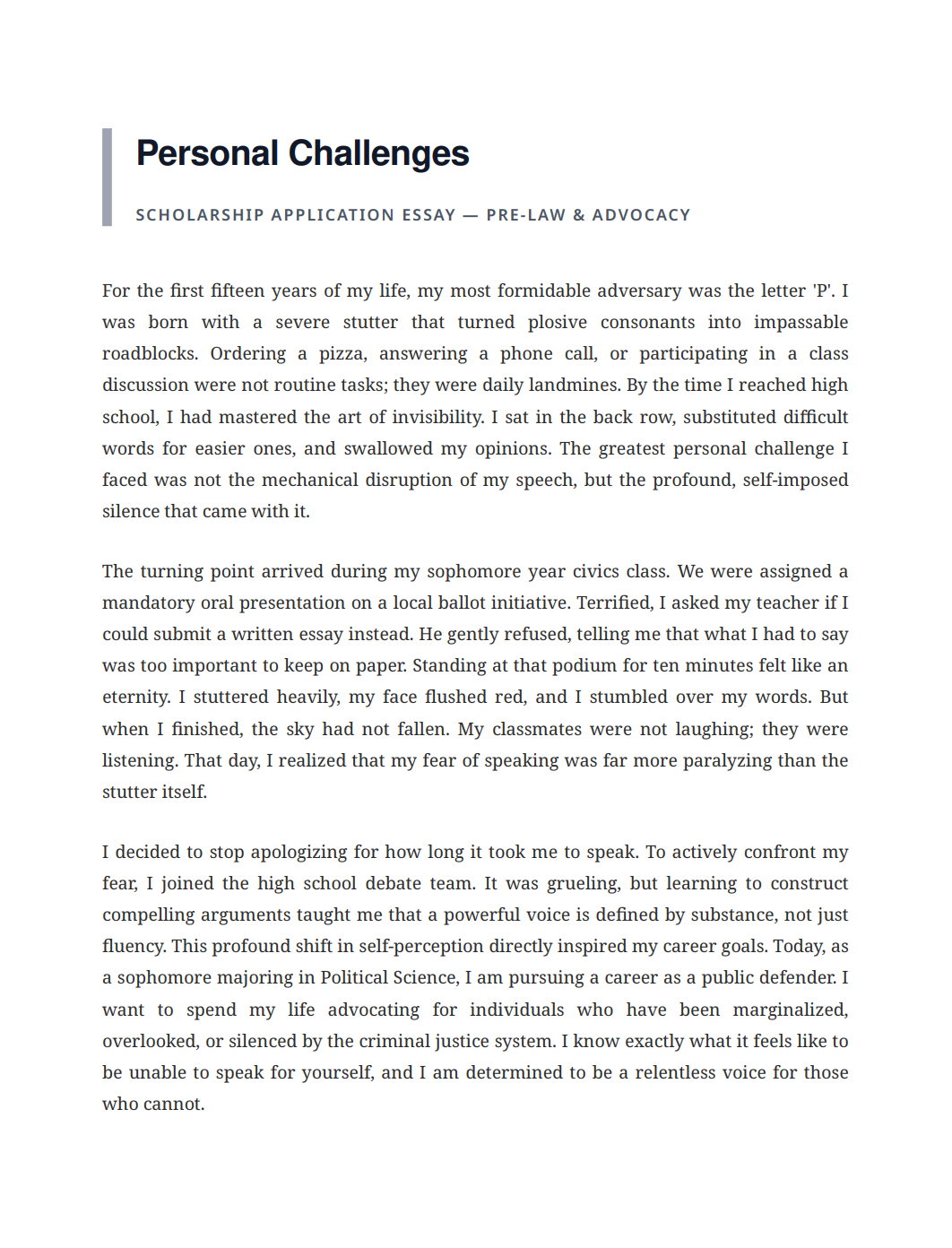 Personal Challenges Scholarship Essay - Free AI Scholarship Essay Generator, 50+ Real Scholarship Essay Examples