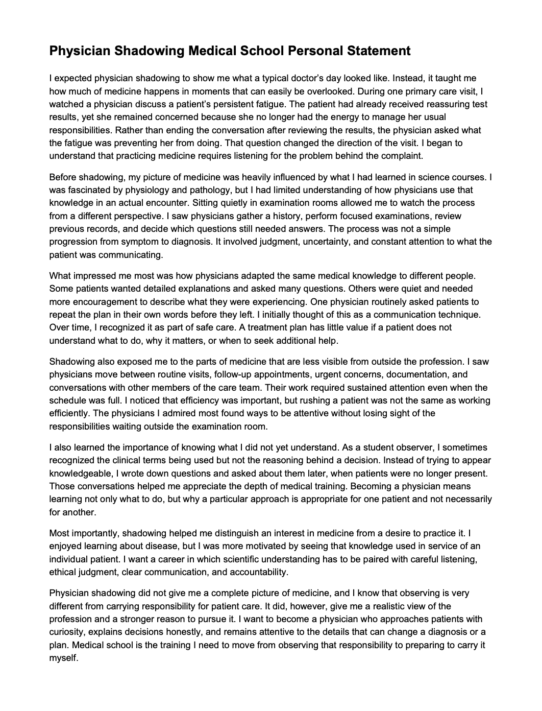 Physician Shadowing Medical School Personal Statement - Free AI Medical School Personal Statement Generator, 50+ Real Medical School Personal Statement Examples