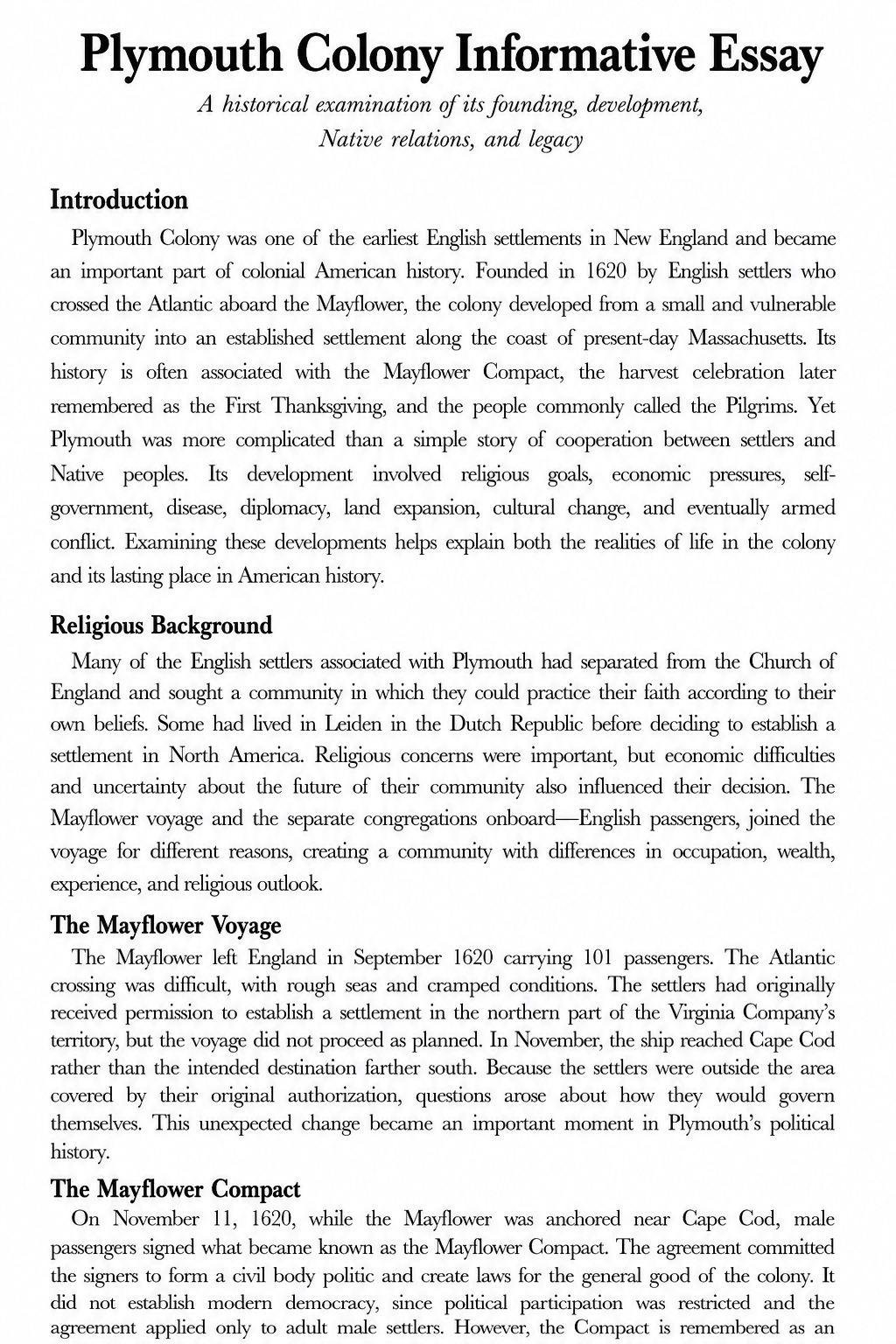 Plymouth Colony Informative Essay - Free AI Informative Essay Generator, 50+ Real Informative Essay Examples