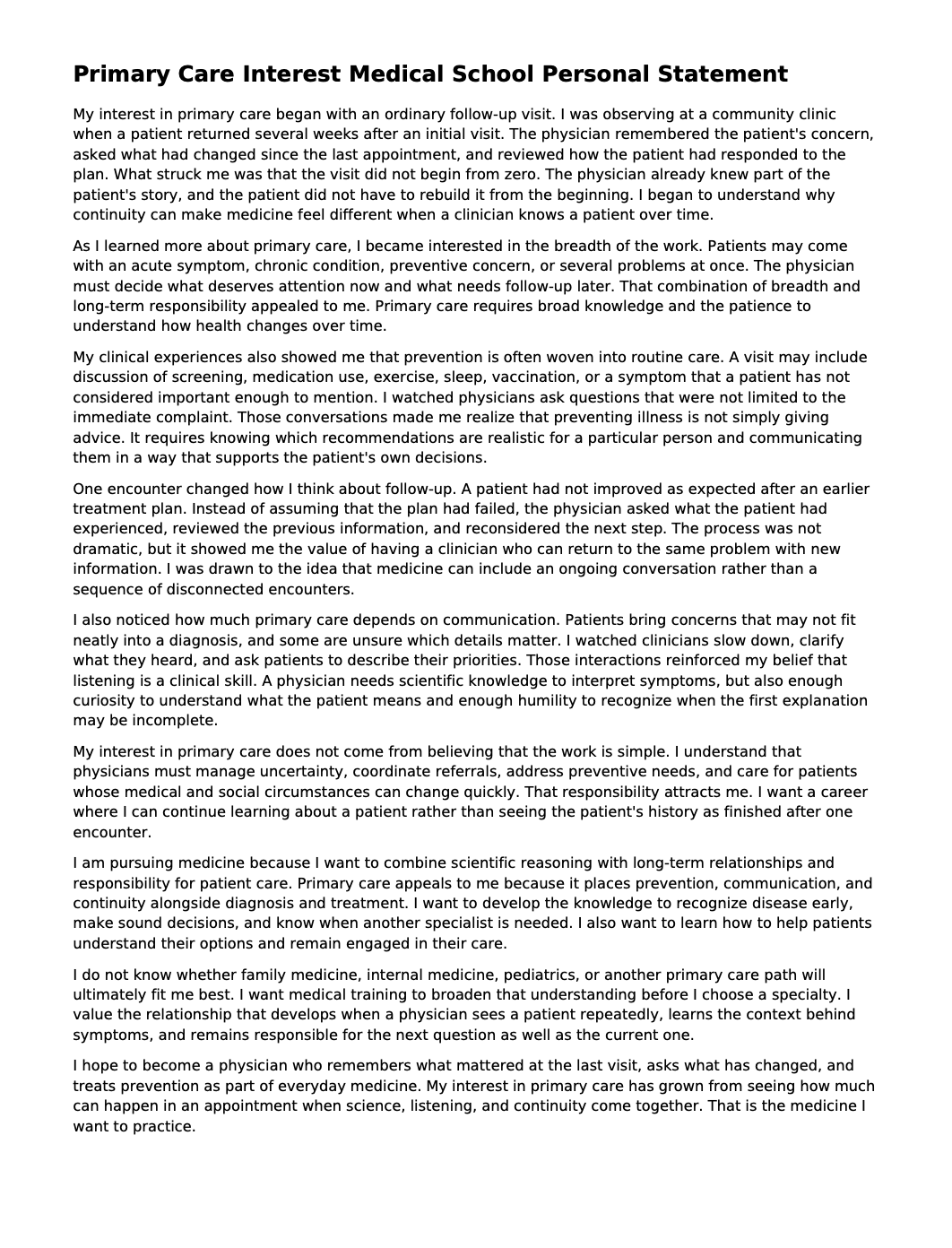 Primary Care Interest Medical School Personal Statement - Free AI Medical School Personal Statement Generator, 50+ Real Medical School Personal Statement Examples
