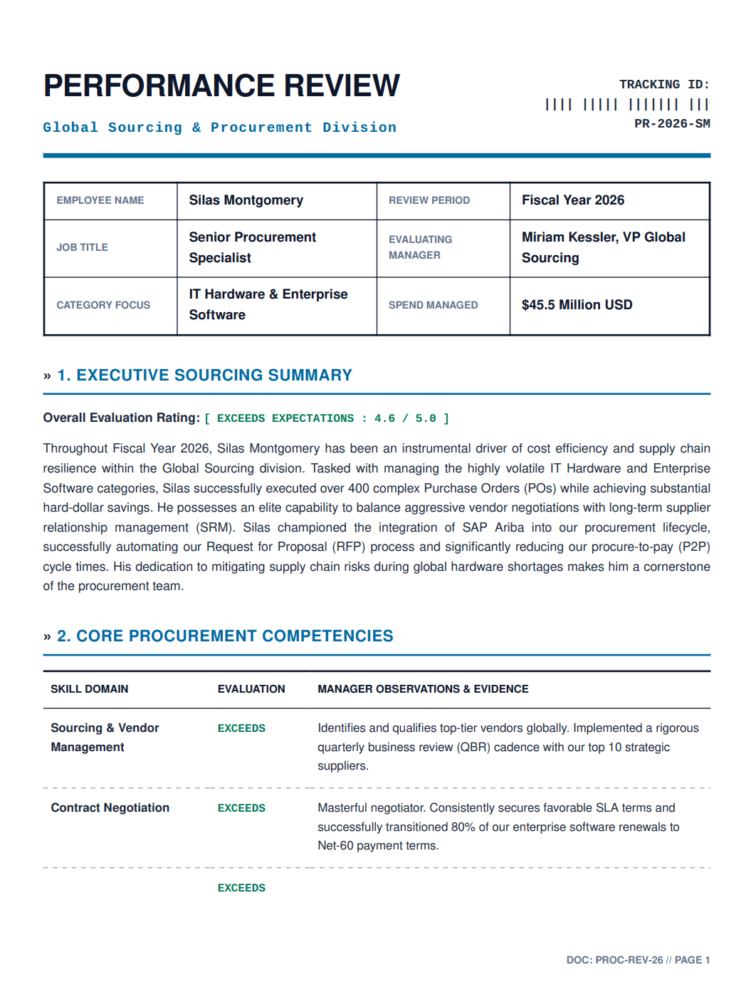 Procurement Specialist Performance Review - Free AI Performance Review Generator, 50+ Real Performance Review Examples