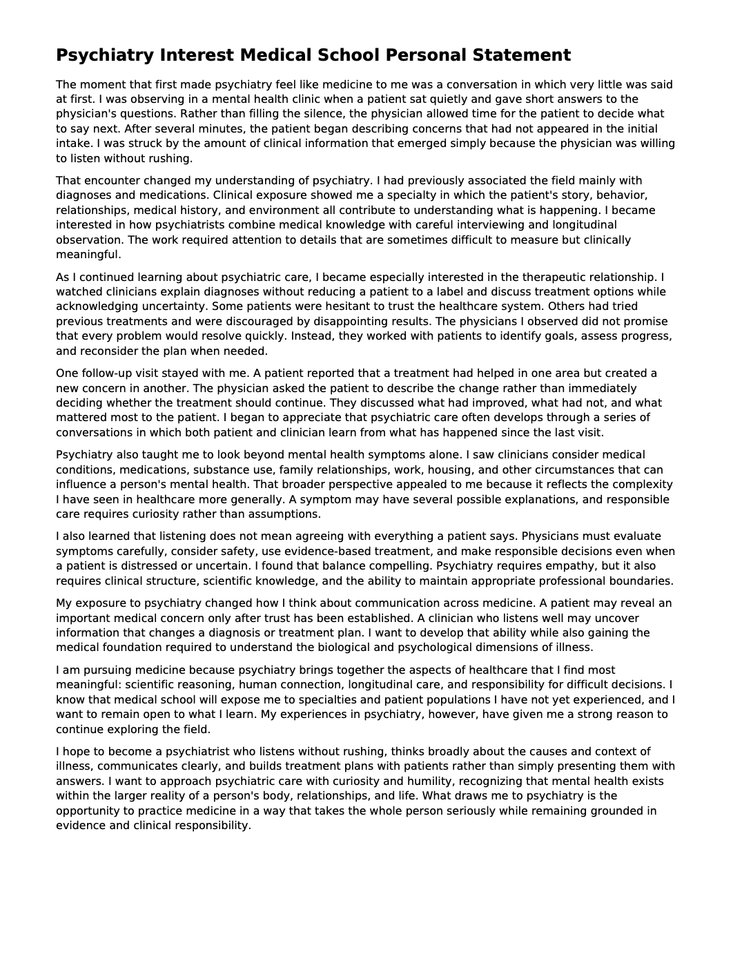 Psychiatry Interest Medical School Personal Statement - Free AI Medical School Personal Statement Generator, 50+ Real Medical School Personal Statement Examples