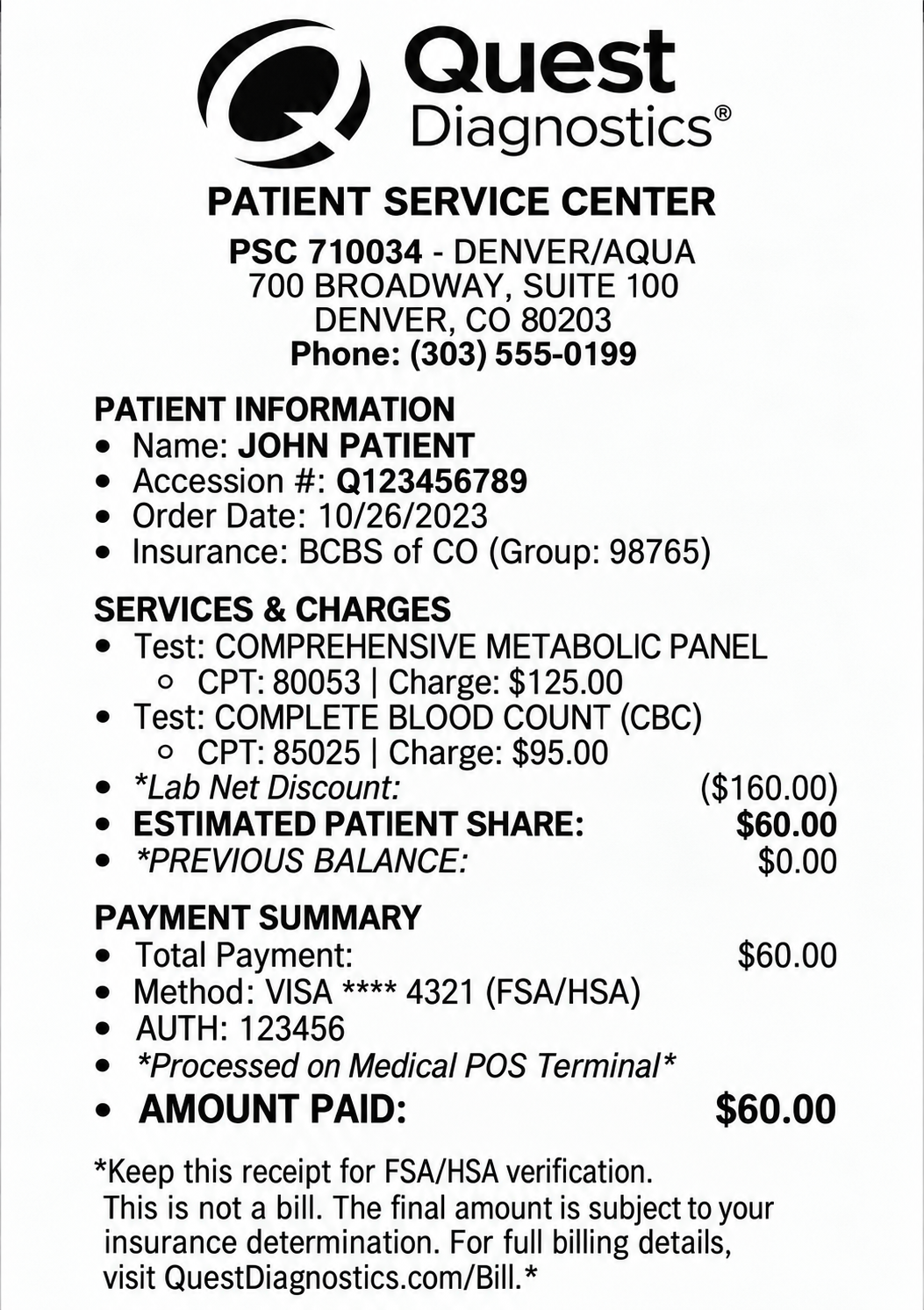 Quest Diagnostics Co-Pay Receipt - Free AI Receipt Generator, 50+ Real Receipt Examples