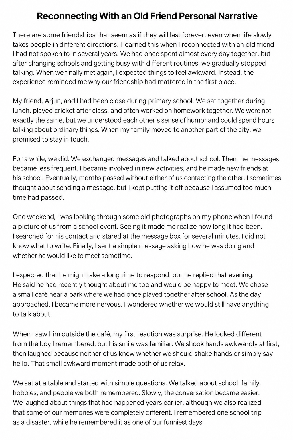 Reconnecting With an Old Friend Personal Narrative - Free AI Personal Narrative Generator, 50+ Real Personal Narrative Examples