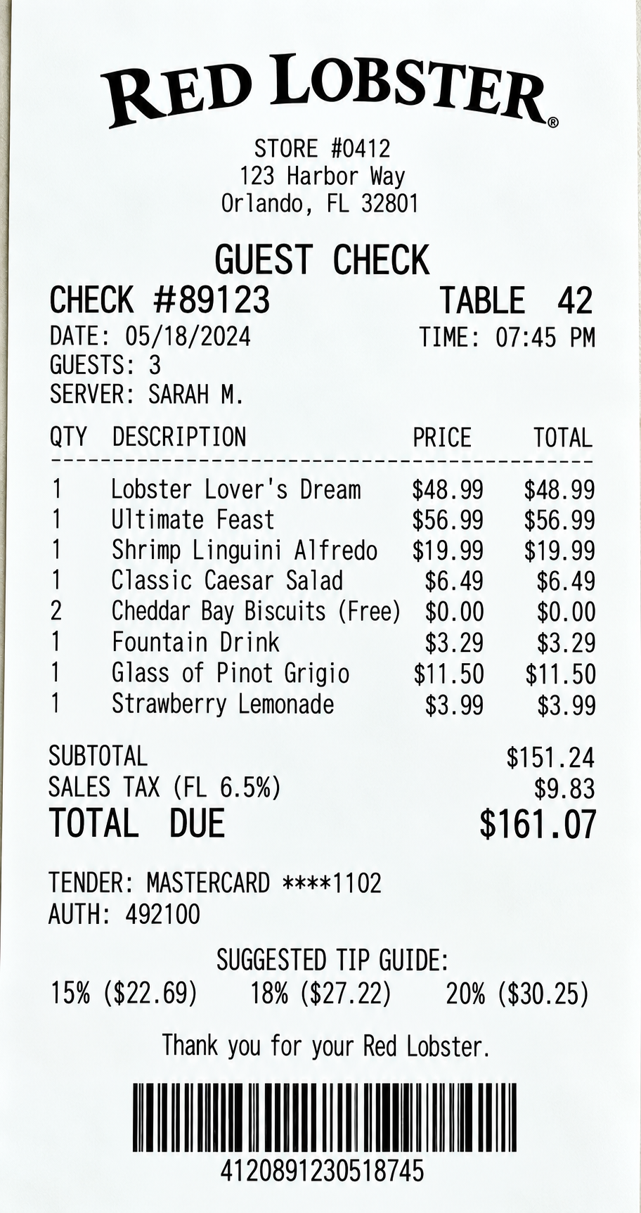 Red Lobster Restaurant Dining Receipt