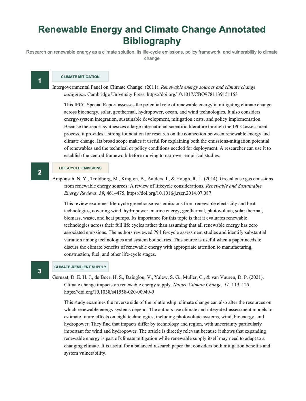 Renewable Energy and Climate Change Annotated Bibliography - Free AI Annotated Bibliography Generator, 50+ Real Annotated Bibliography Examples