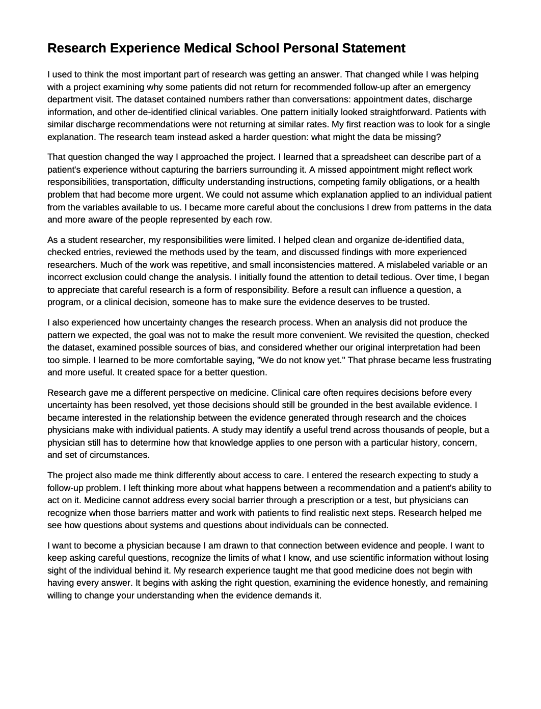 Research Experience Medical School Personal Statement - Free AI Medical School Personal Statement Generator, 50+ Real Medical School Personal Statement Examples