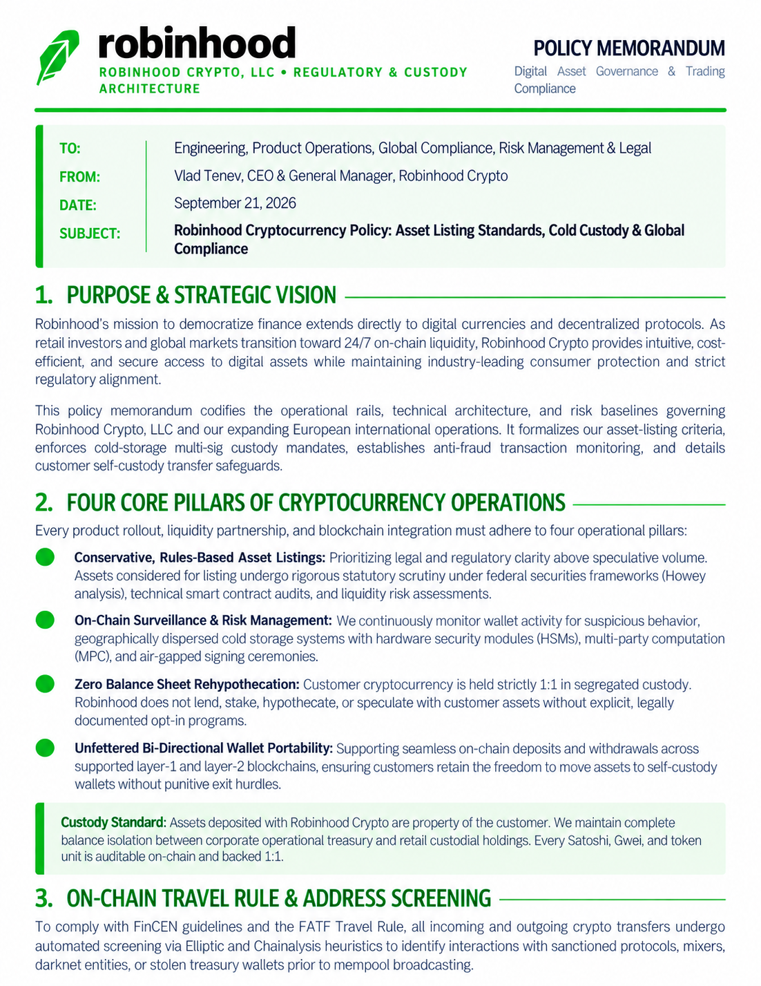 Robinhood Cryptocurrency Policy Memo - Free AI Memo Generator, 50+ Real Memo Examples