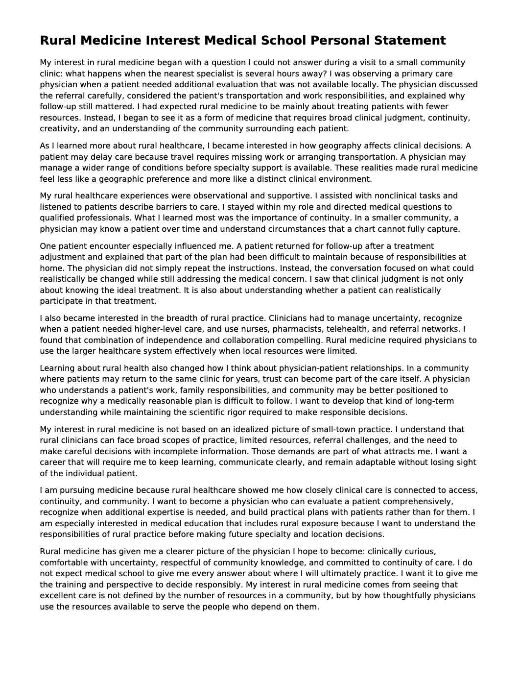 Rural Medicine Interest Medical School Personal Statement - Free AI Medical School Personal Statement Generator, 50+ Real Medical School Personal Statement Examples