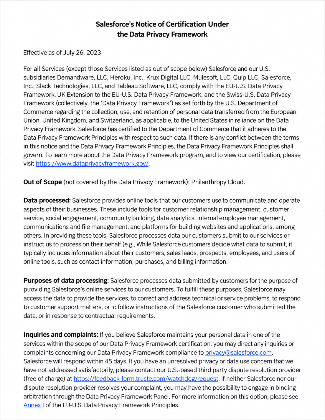 Salesforce Data Privacy Framework Certification Notice - Free AI Notice Generator, 50+ Real Notice Examples