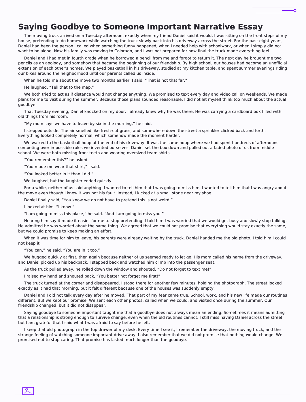 Saying Goodbye to Someone Important Narrative Essay - Free AI Narrative Essay Generator, 50+ Real Narrative Essay Examples