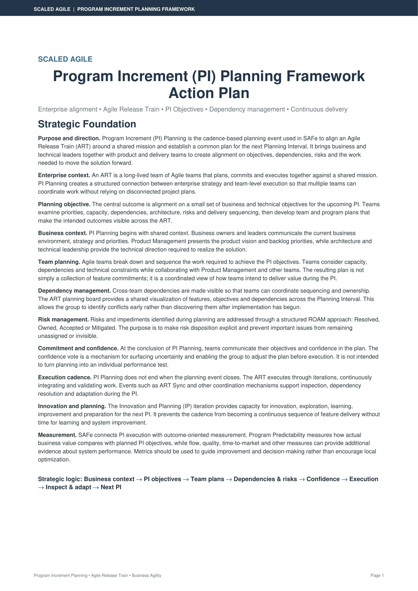 Scaled Agile Academy Program Increment (PI) Planning Framework Action Plan - Free AI Action Plan Generator, 50+ Real Action Plan Examples