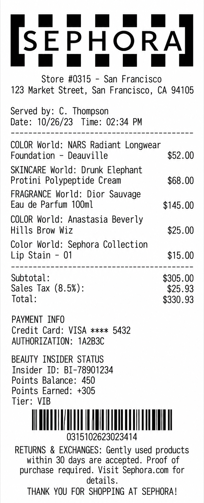 Sephora In-Store Beauty Counter Receipt - Free AI Receipt Generator, 50+ Real Receipt Examples