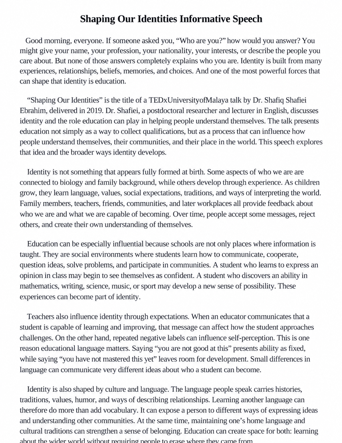 Shaping Our Identities Informative Speech - Free AI Informative Speech Generator, 50+ Real Informative Speech Examples