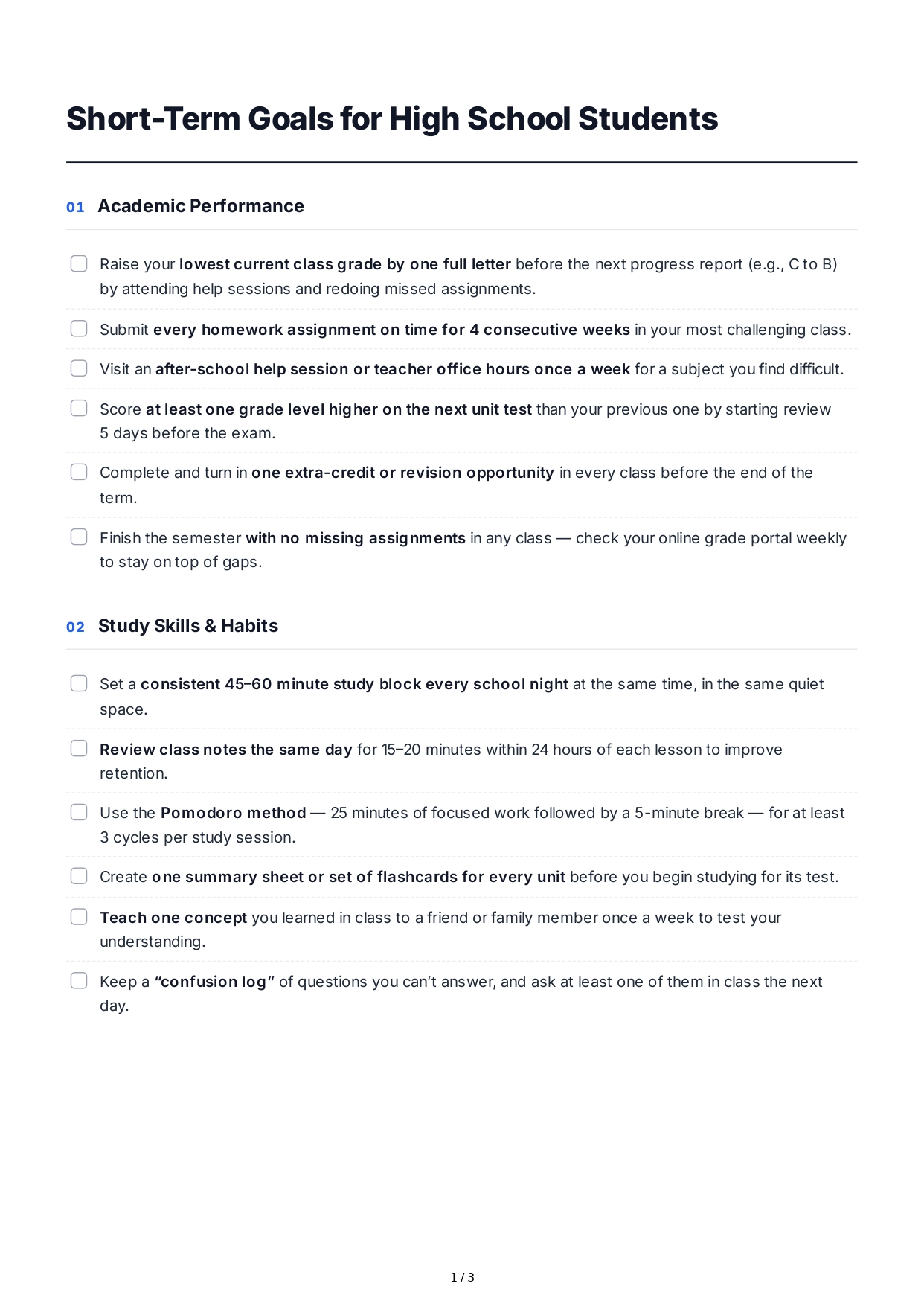 Short-Term Goals for High School Students - Free AI Short Term Goals Generator, 50+ Real Short Term Goals Examples
