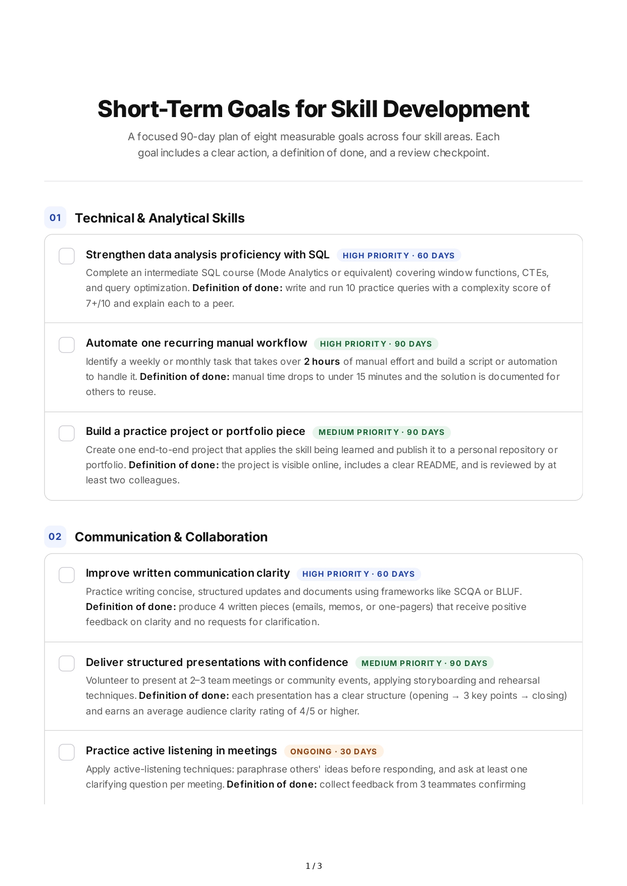Short-Term Goals for Skill Development - Free AI Short Term Goals Generator, 50+ Real Short Term Goals Examples
