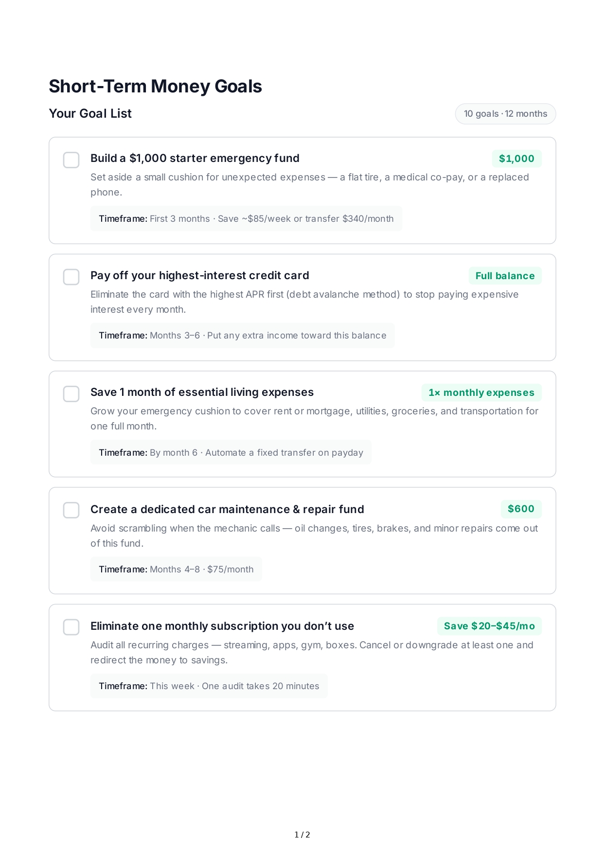 Short-Term Money Goals - Free AI Short Term Goals Generator, 50+ Real Short Term Goals Examples