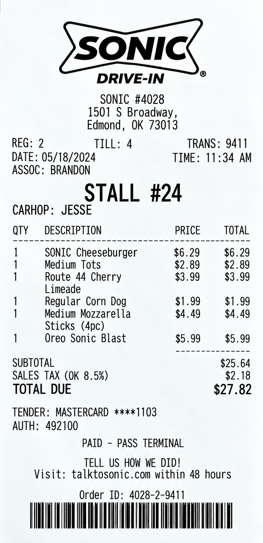 Sonic Drive-In Restaurant Purchase Receipt - Free AI Receipt Generator, 50+ Real Receipt Examples