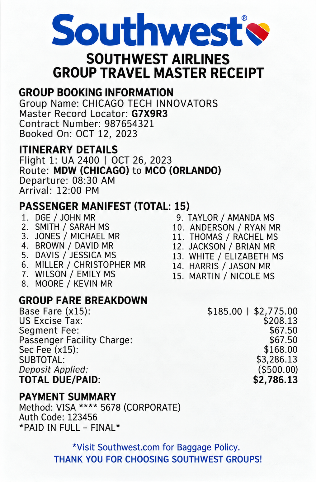 Southwest Airlines Group Reservation Ticket Receipt - Free AI Receipt Generator, 50+ Real Receipt Examples