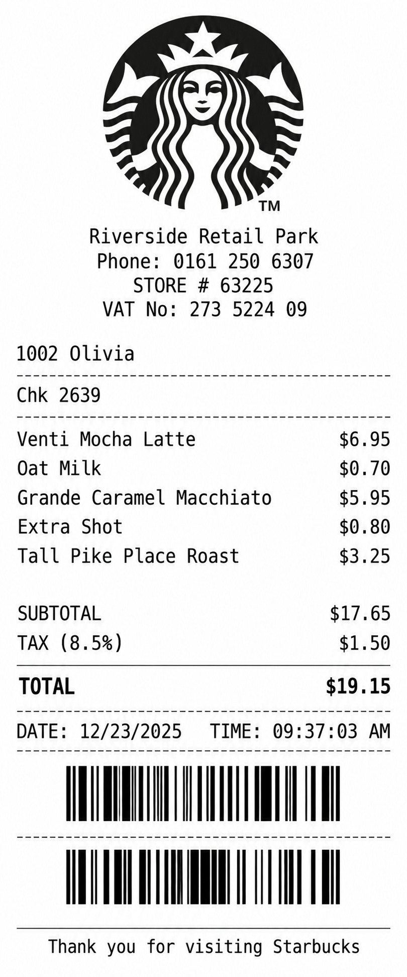 Starbucks Retail Purchase Receipt - Free AI Receipt Generator, 50+ Real Receipt Examples