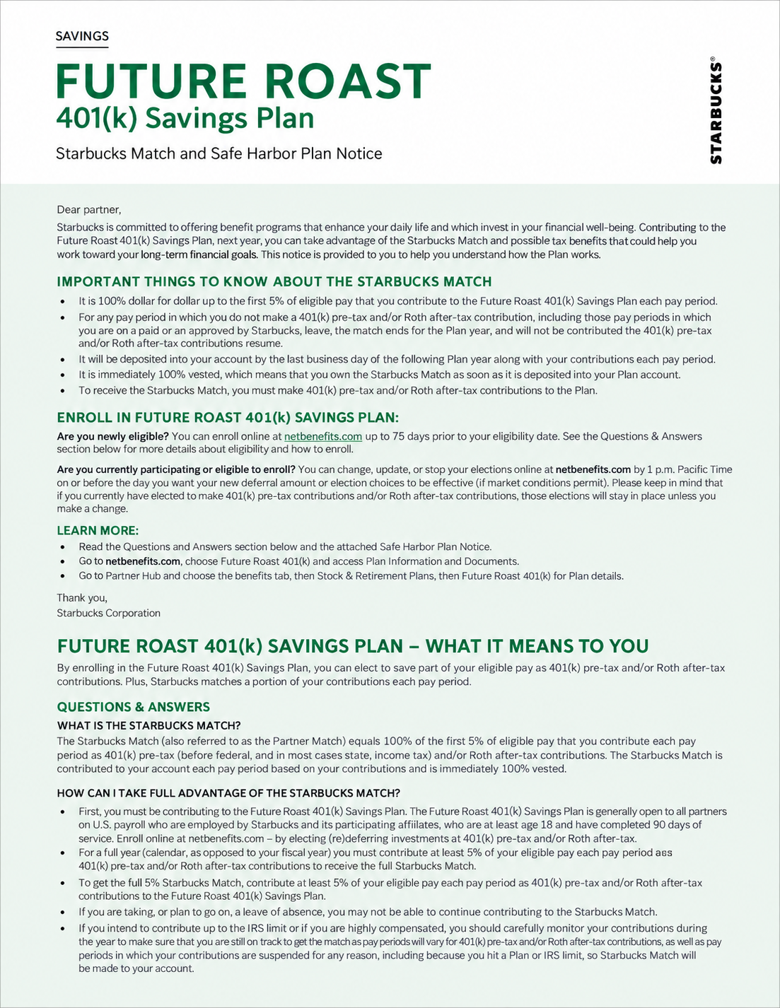 Starbucks Safe Harbor Plan Notice - Free AI Notice Generator, 50+ Real Notice Examples