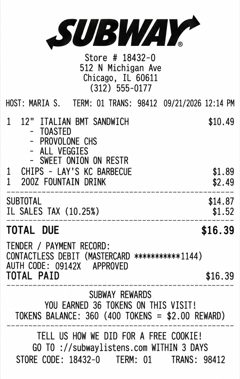 Subway In-Store Point-of-Sale (POS) Receipt - Free AI Receipt Generator, 50+ Real Receipt Examples