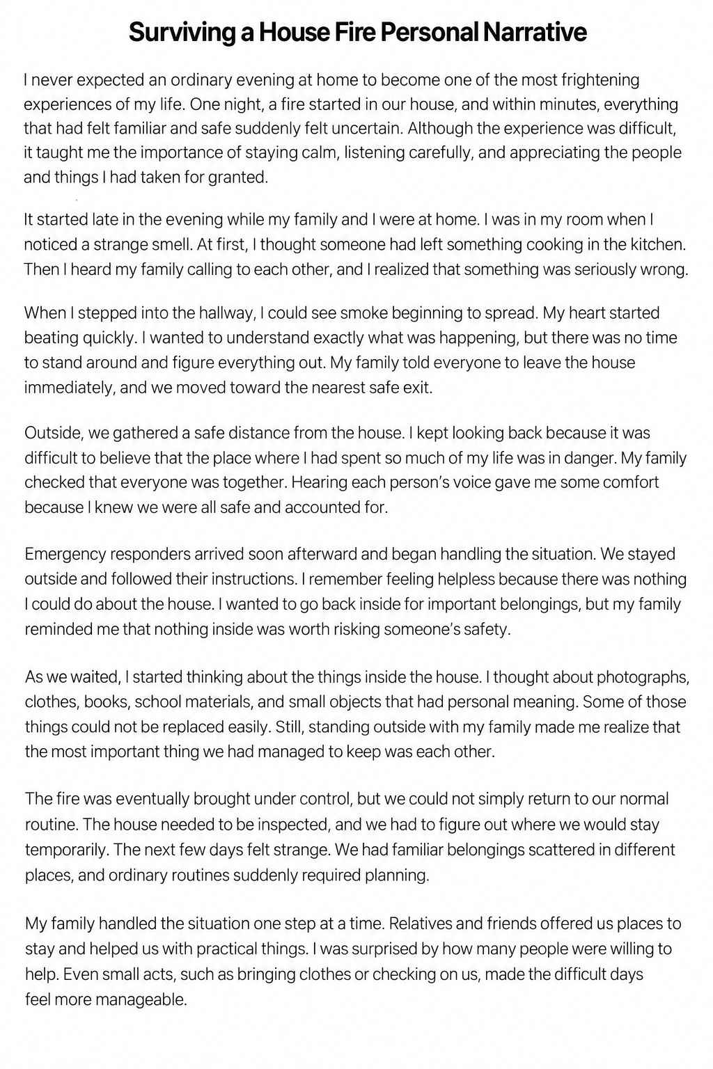 Surviving a House Fire Personal Narrative - Free AI Personal Narrative Generator, 50+ Real Personal Narrative Examples