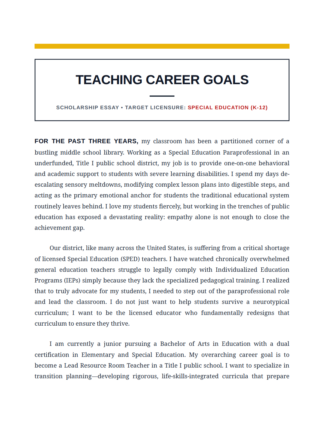 Teaching Career Goals Scholarship Essay - Free AI Scholarship Essay Generator, 50+ Real Scholarship Essay Examples