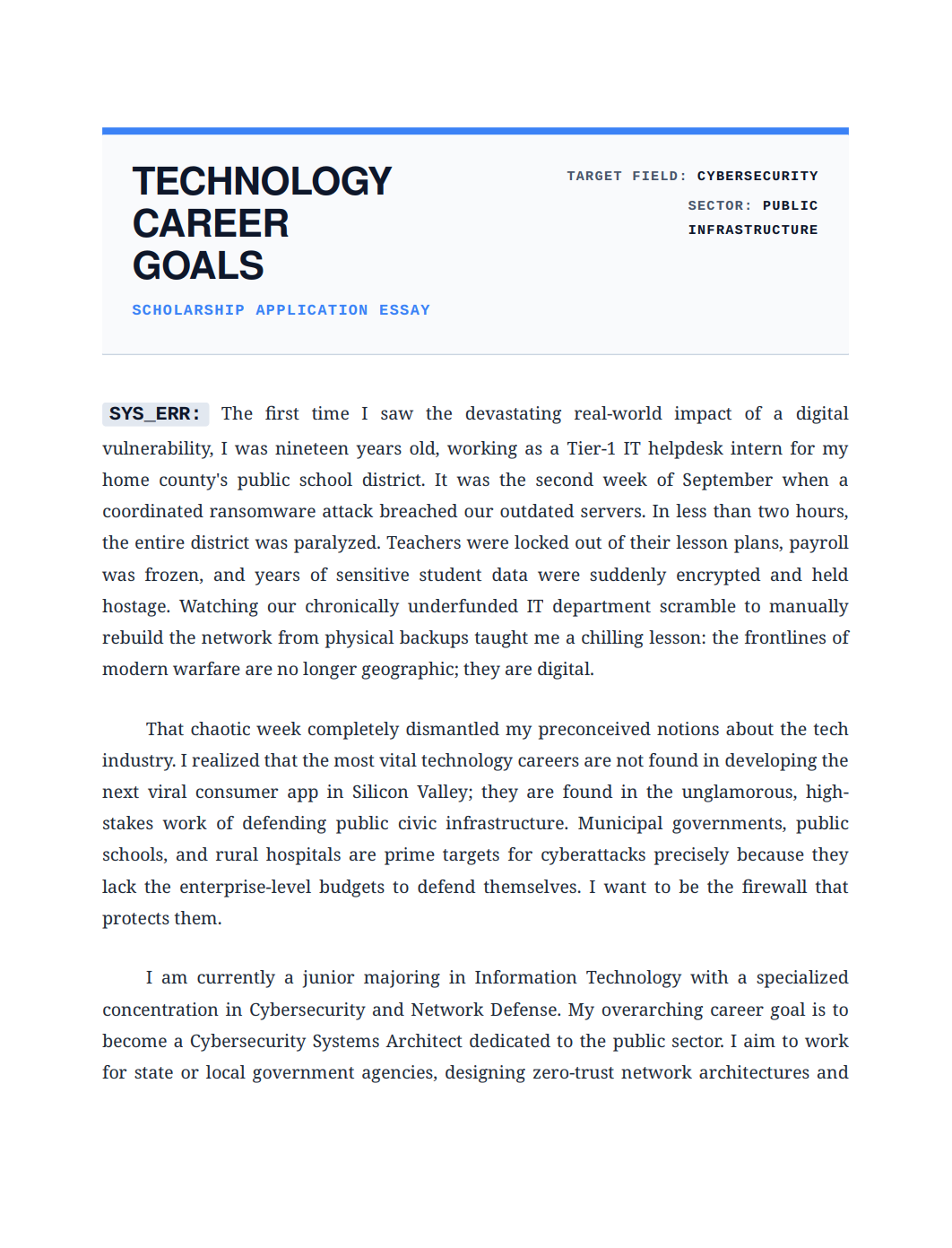 Technology Career Goals Scholarship Essay - Free AI Scholarship Essay Generator, 50+ Real Scholarship Essay Examples
