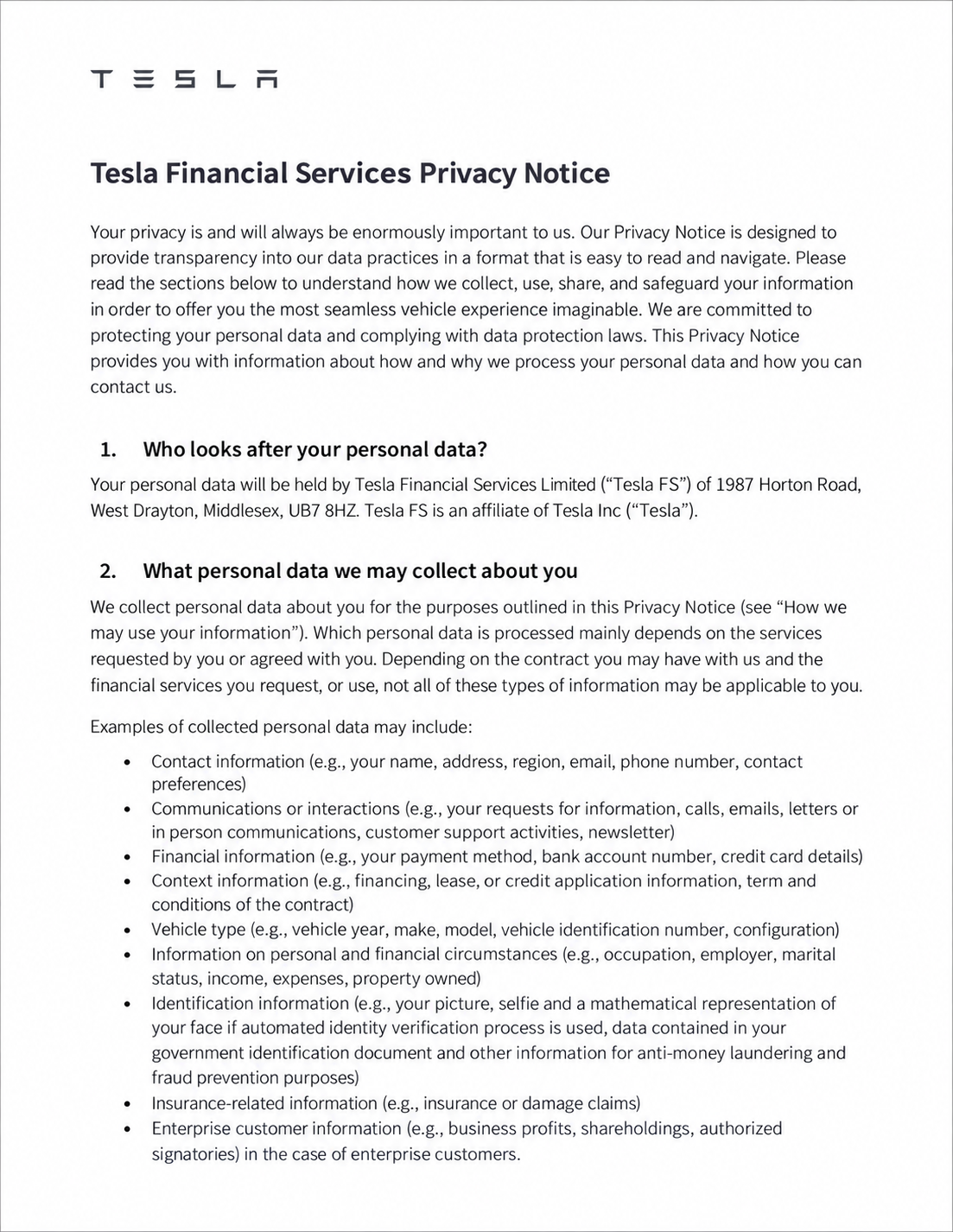 Tesla Financial Services Privacy Notice - Free AI Notice Generator, 50+ Real Notice Examples